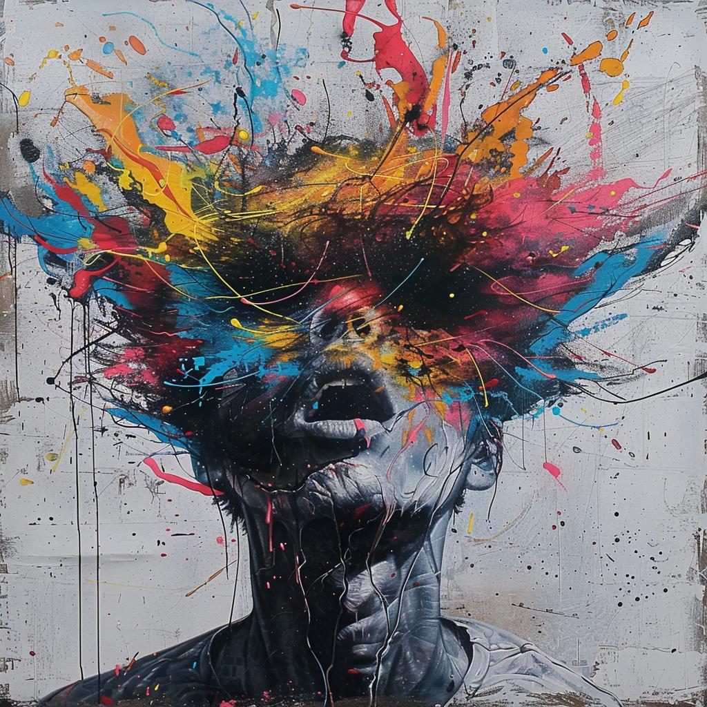 surreal  album  cover  hyper-realistic  screenprinting  Martin  Whatson  encaustic  man  splattered 960038