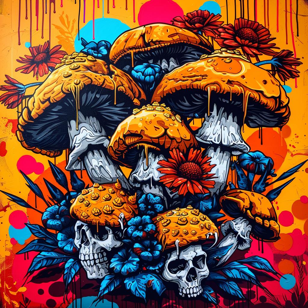 mushrooms  skull  painting  flowers  colorful  spores  intertwined  art  Japanese  lettering 1036292