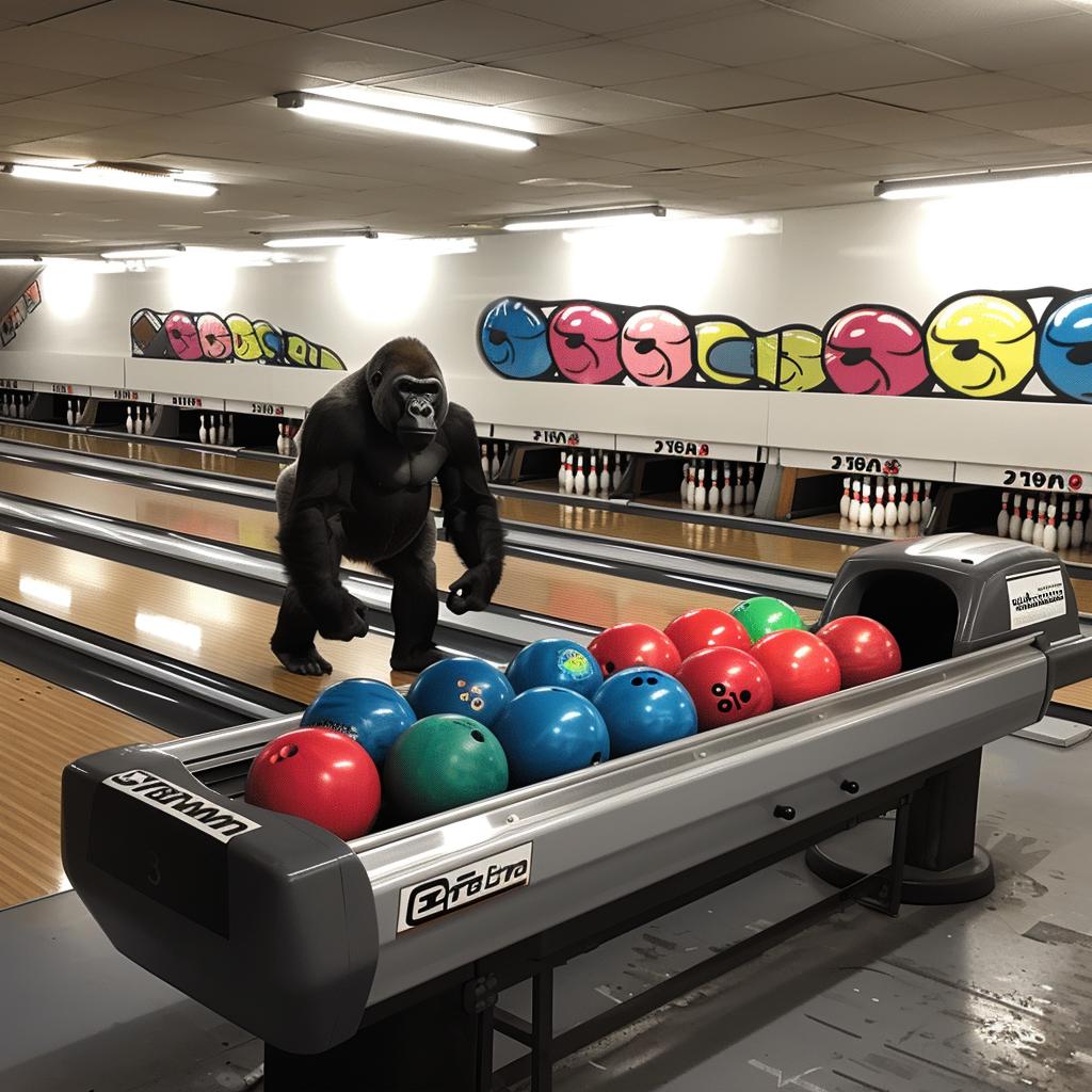 gorilla  bowling  humor  cartoon  action  playful  sport  dynamic  fun  whimsical 1021455