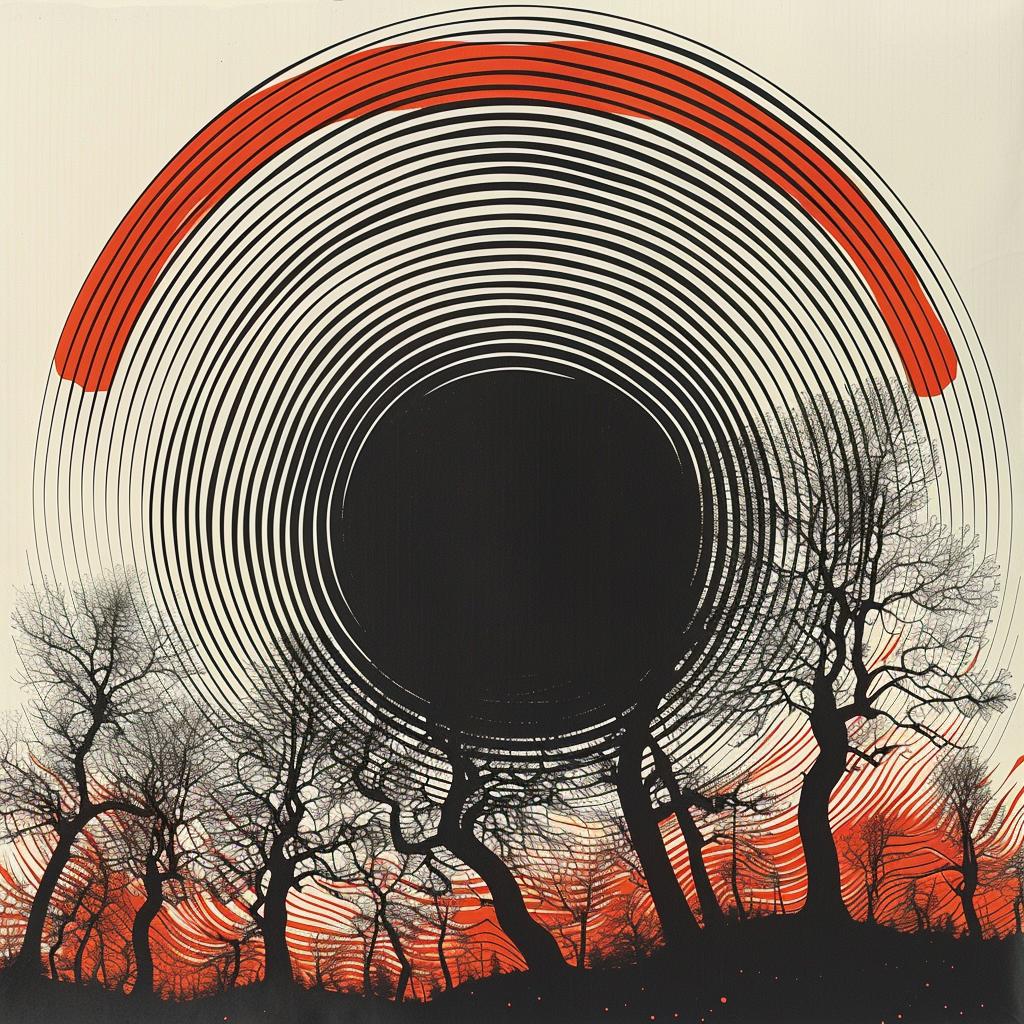 surreal  album  cover  hyper-realistic  screenprinting  Alexander  Girard  black  circle  trees 960489