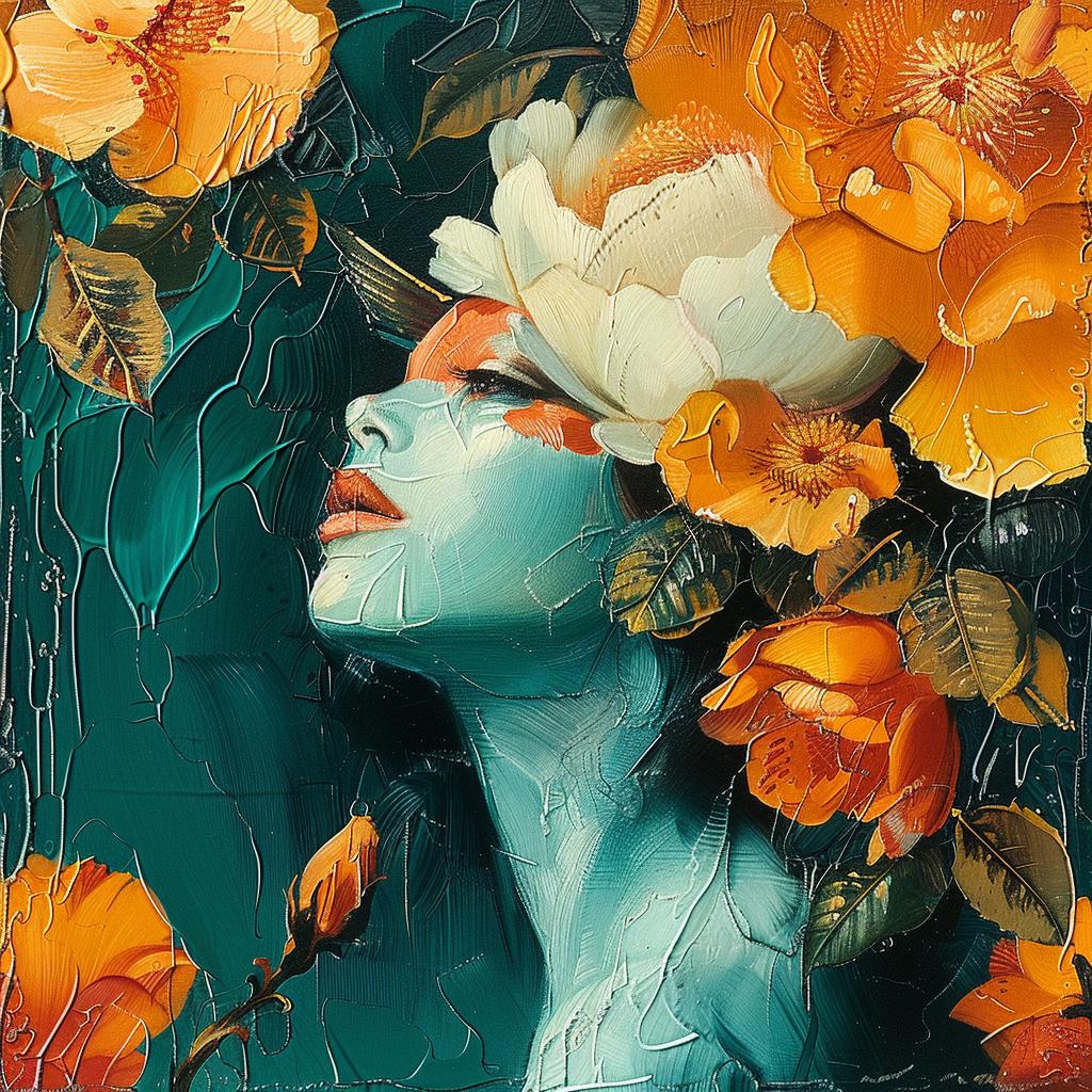 woman  flowers  hair  teal  ochre  painting  nature  feminine  vibrant  art 963591
