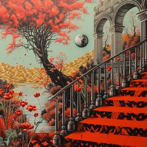stairs  red  flowers  chromolithography  minimal  colorful  abstract  decorative  artistic  soft 1037775