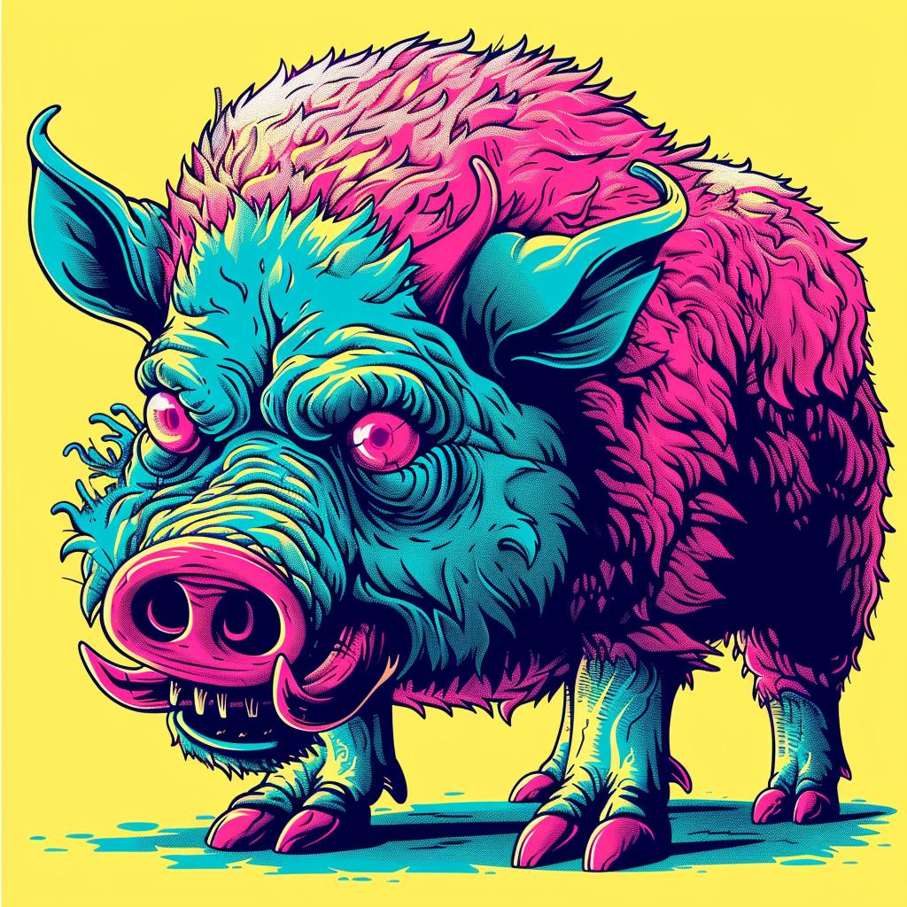 mythical  sheep-pig  terrifying  colorful  horns  yellow  2d  flatart  surreal  creature 927929
