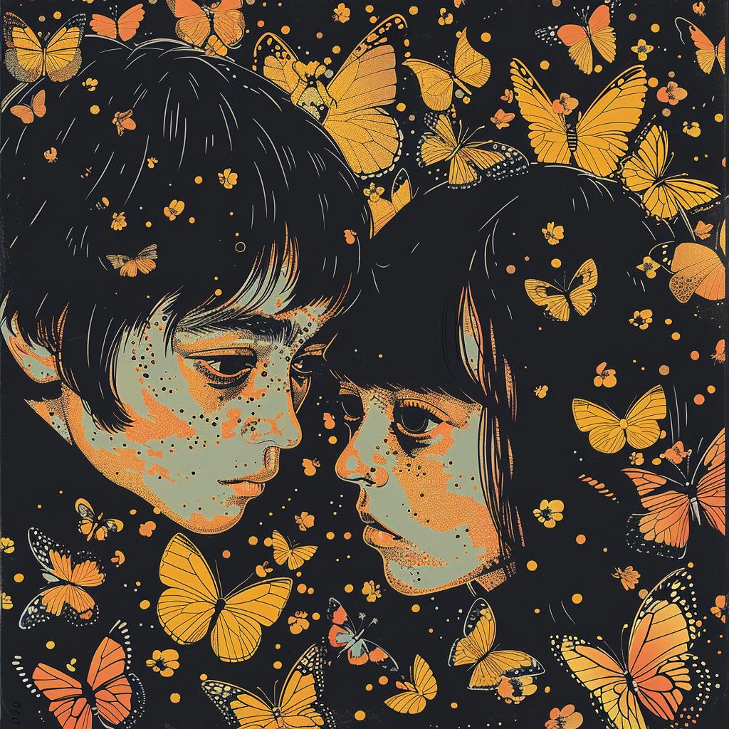 children  butterfly  field  canvas  art  album  cover  surreal  screenprinting  joyful 960946