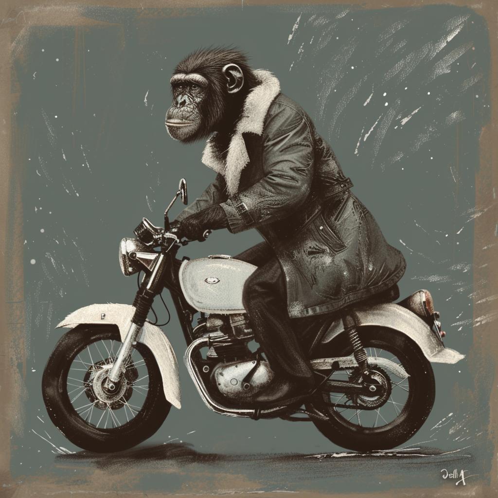 chimpanzee  trenchcoat  motorcycle  painting  stylized  humorous  animal  playful  vintage  bold 1021616