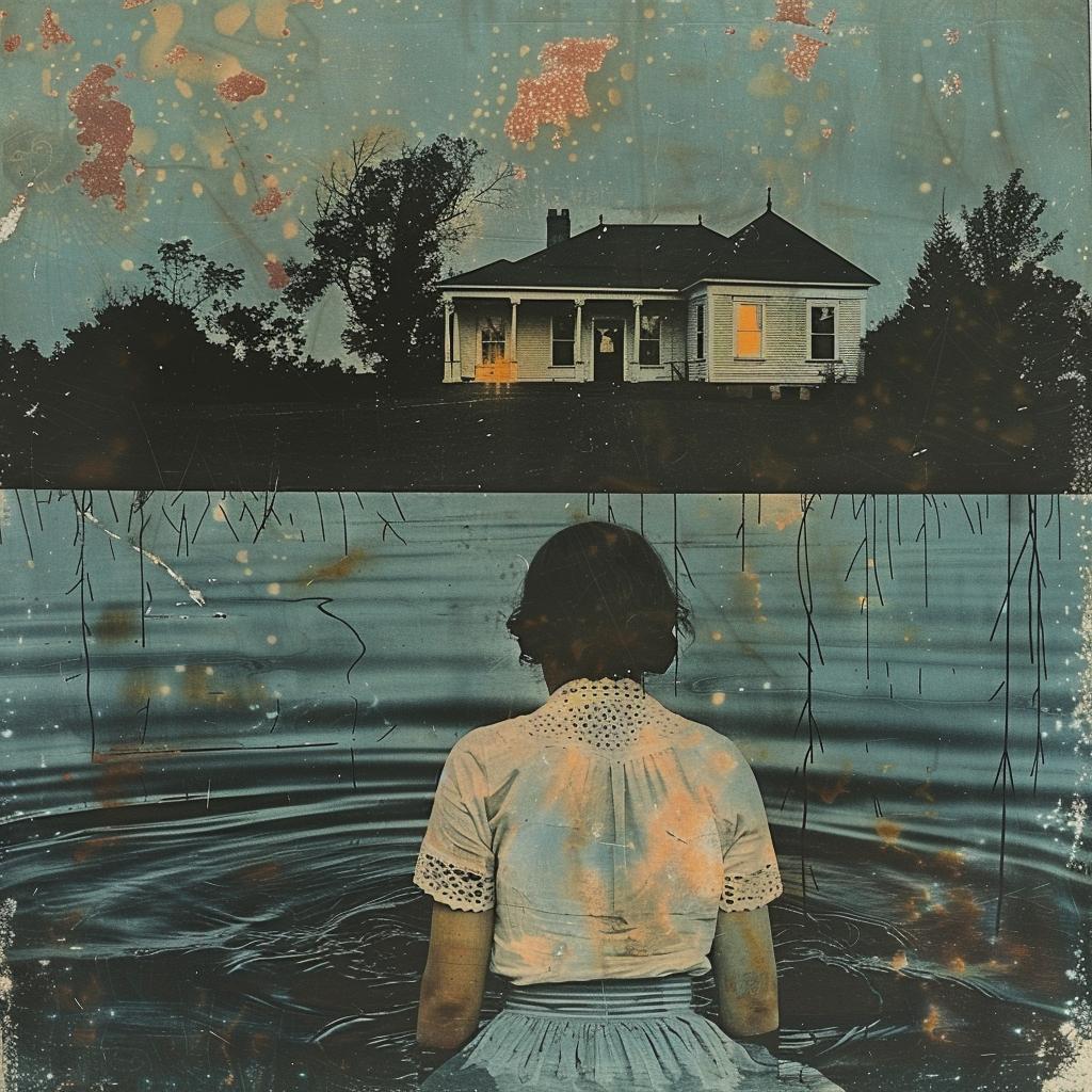 امرأة مطبوعة بنمط سريالي، منزل مائي، فستان من AlecSoth، خلفية، طبيعة هادئة 970139