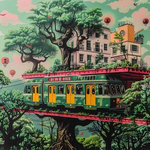 Minimal  Chromolithography  Train  Tree  Escher  Stalenhag  Surreal  Whimsical  Art  Nature 1037707