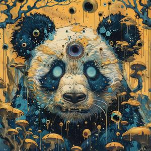 panda  creatures  ominous  occult  mushroom  head  Art Nouveau  Surrealism  pointillism  gold 1077094