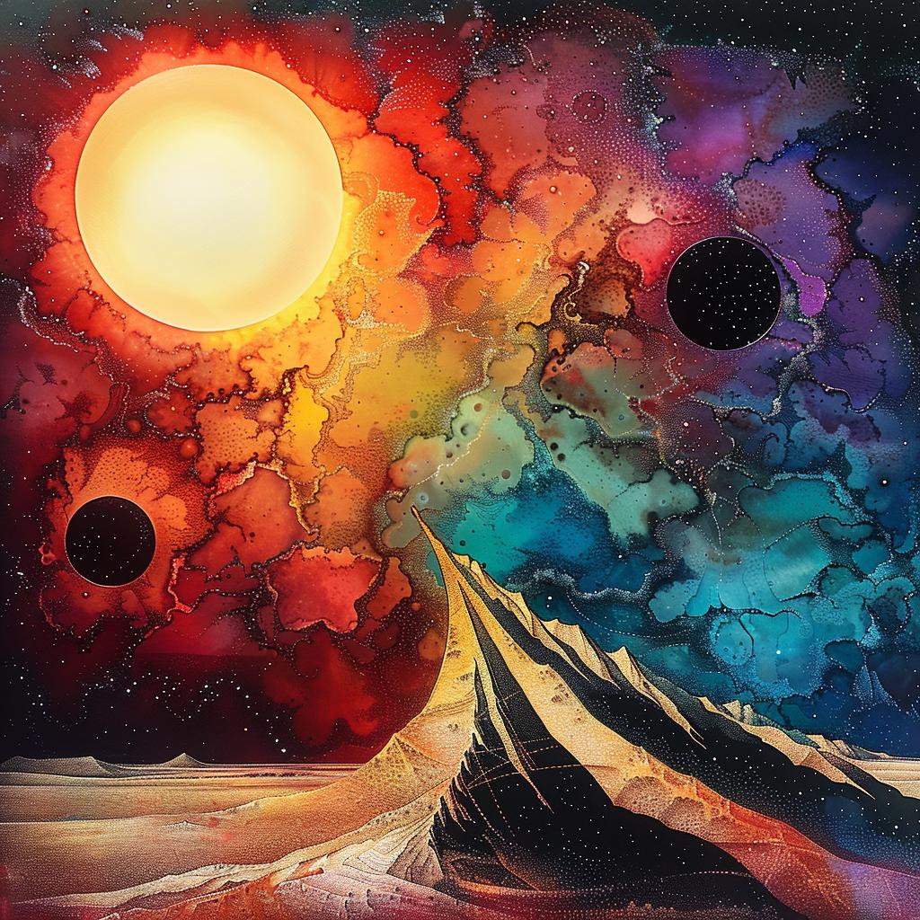 mountain  sun  planets  landscape  colorful  artistic  imaginative  vivid  nature  serene 967849