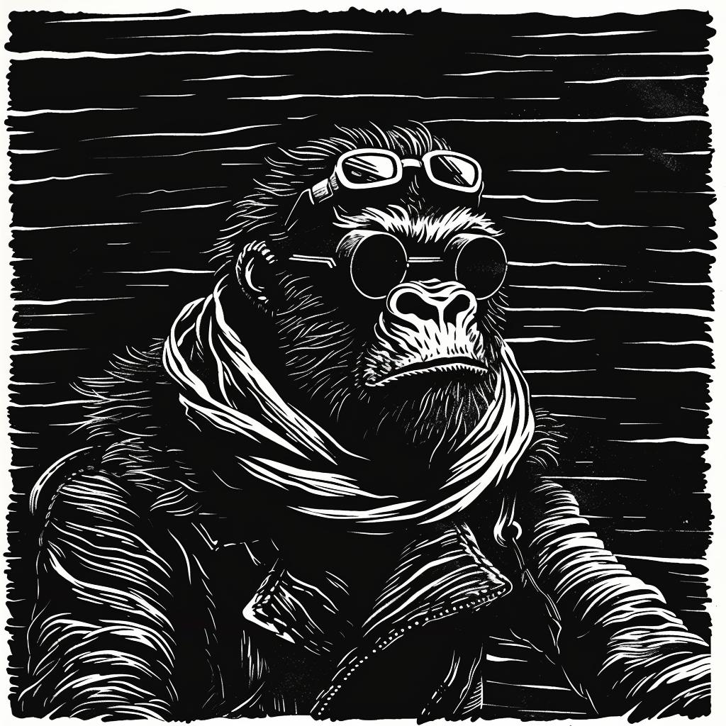 anthropomorphic  gorilla  motorcycle  scarf  goggles  riding  adventure  whimsical  funny  animation 1025923