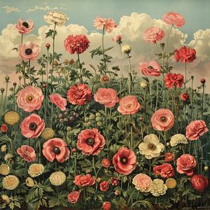 chromolithography  painting  pink  flowers  field  nature  botanical  vibrant  colorful  flora 1053124