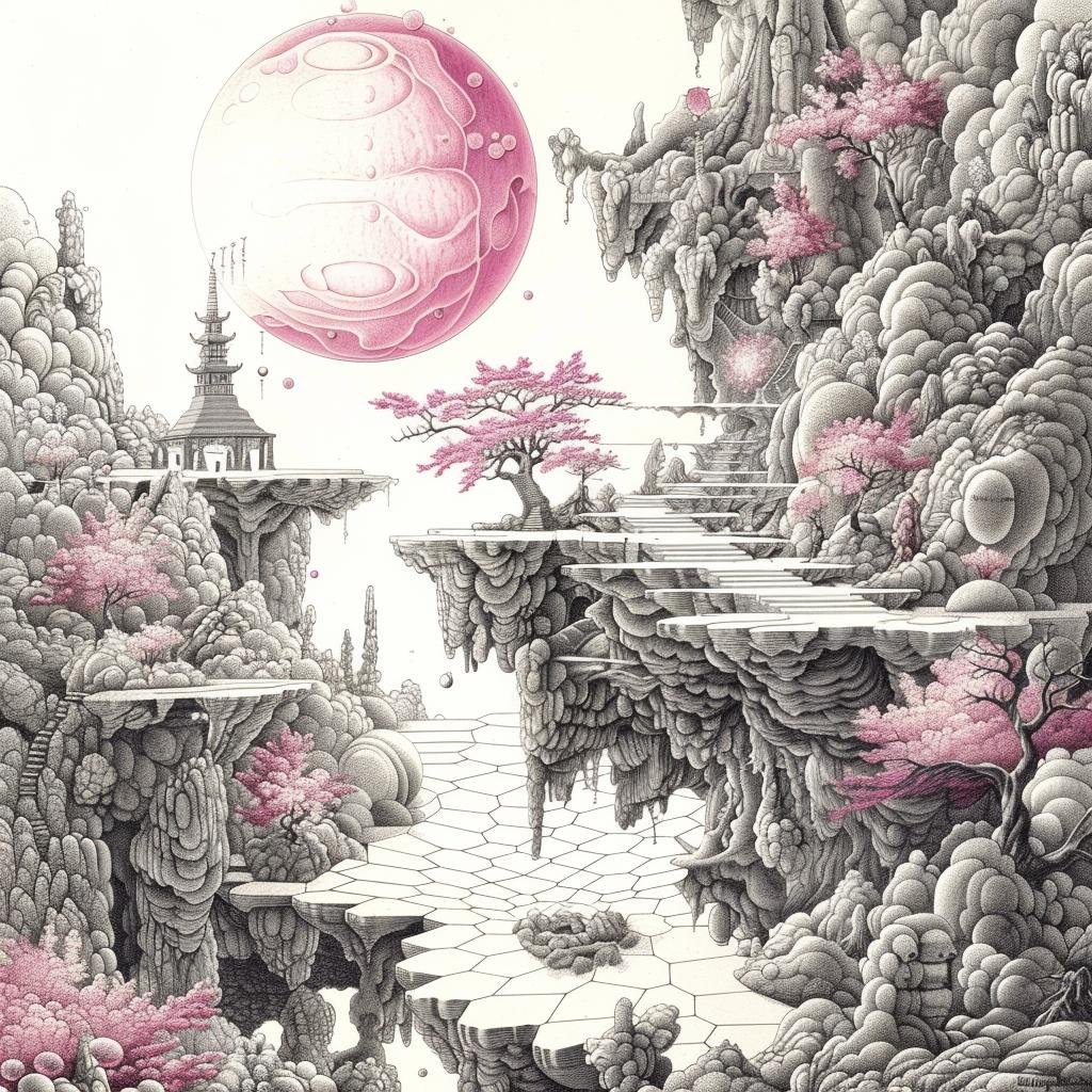 بسيط الحد الأدنى SYNTHWAVE Ukiyo-e سماء القمر الوردي Risograph فن رمزي 916258