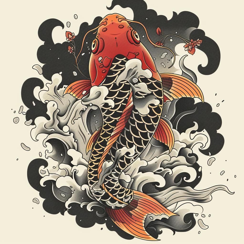 koi  fish  water  tattoo  traditional  clouds  waves  vintage  design  halftone 1018370