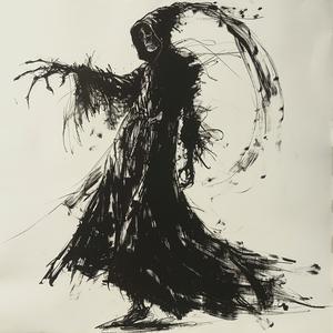 رسم حاصد أرواح بالأبيض والأسود، رسم توضيحي لمنصة عرض أزياء، رسم تخطيطي رقم 1071900