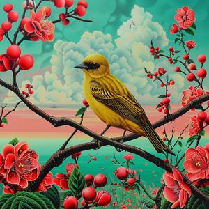 yellow bird  branch  flowers  chromolithography  nature  colorful  whimsical  art  vibrant  decorative 1037790