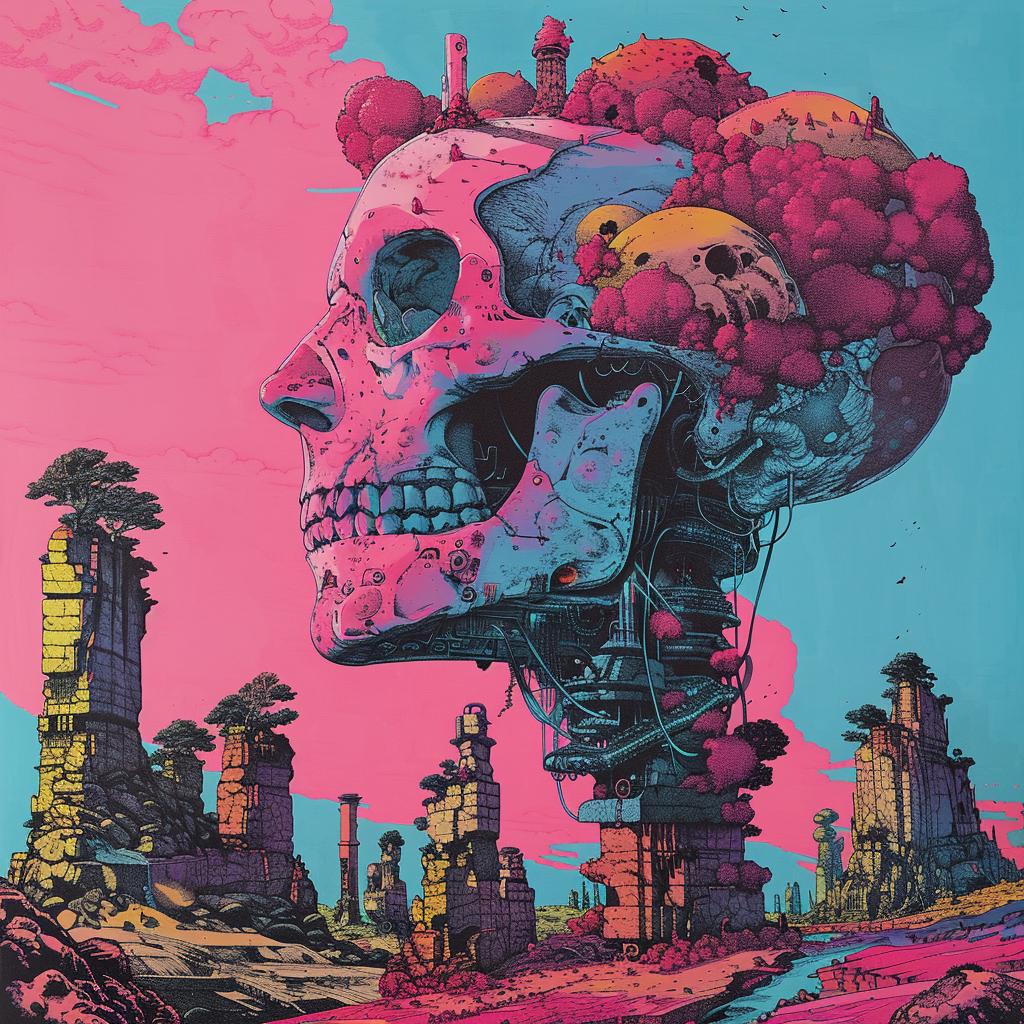 surreal  album  cover  hyper-realistic  screenprinting  skull  pink  purple  tower  creative 960415