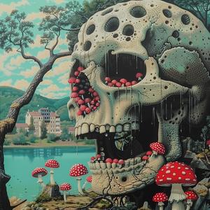 skull  mushrooms  painting  surreal  nature  art  bizarre  organic  macabre  whimsical 1036709