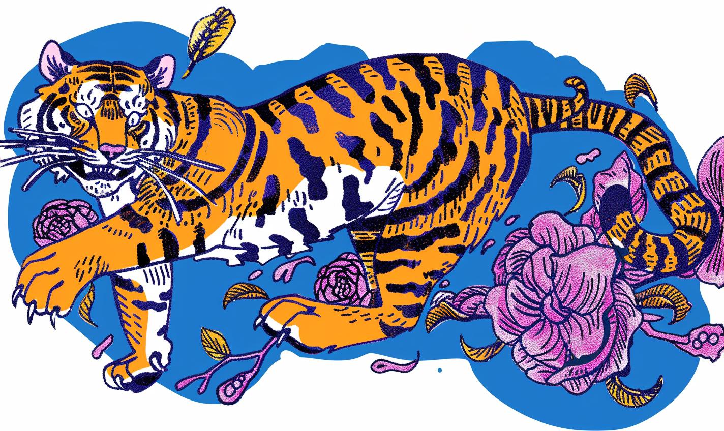 tiger  flowers  leaves  blue  animal  nature  colorful  dynamic  realism  vibrant 1021919