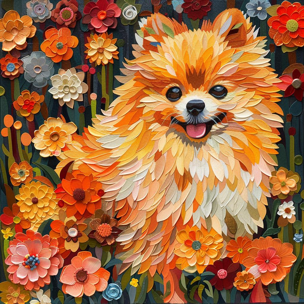 pomeranian  dog  flowers  countryside  vibrant  textured  faith  whimsical  harmonious  composition 938624