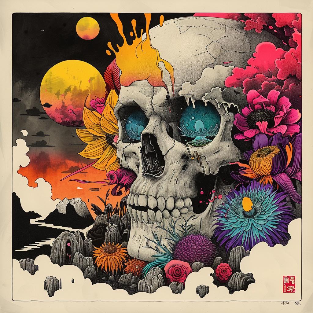 skull  flowers  clouds  colorful  art  Japanese  1997  horror  visual  surreal 1036368