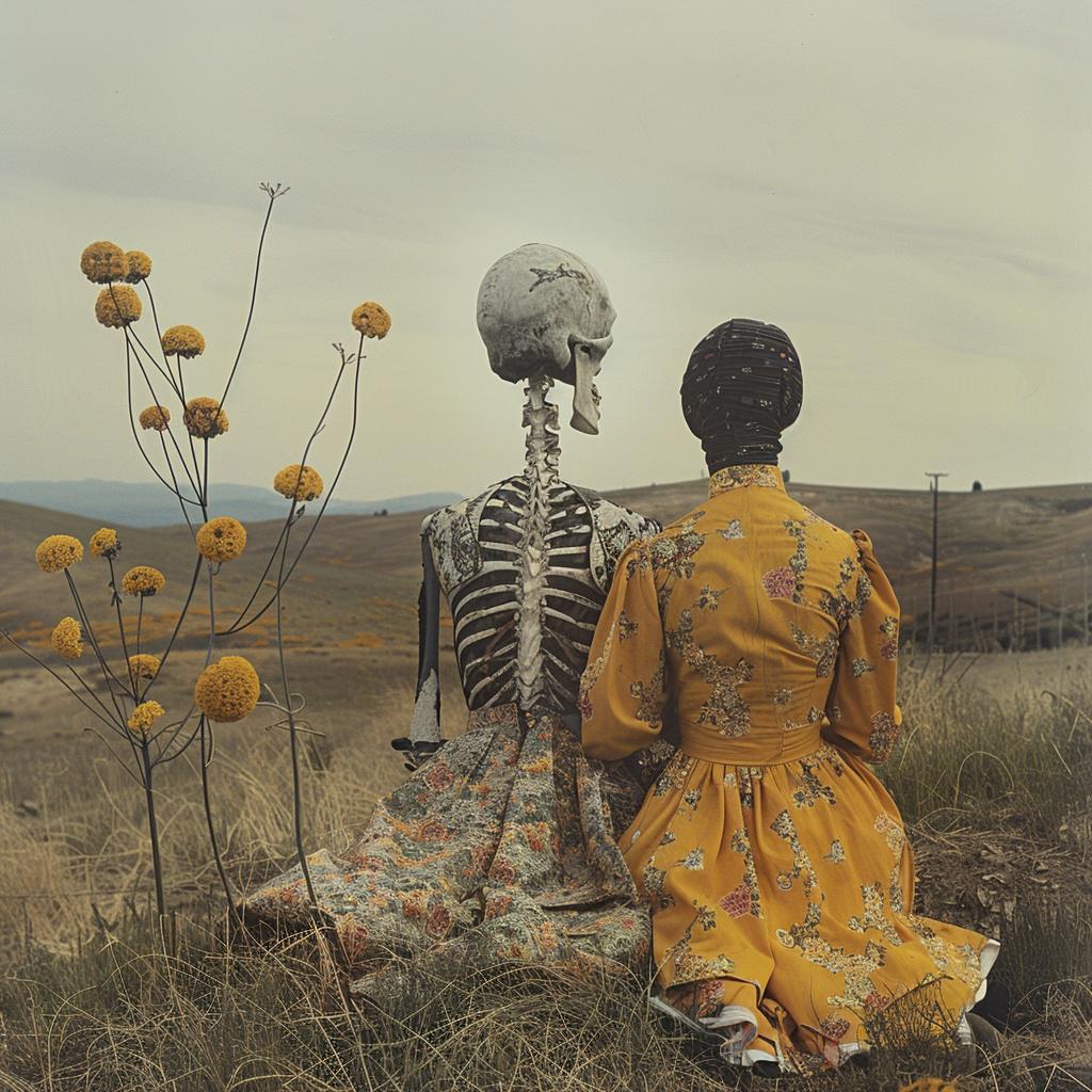 collage  women  skeleton  hill  yellow  dresses  highcontrast  surreal  scene  composition 970244