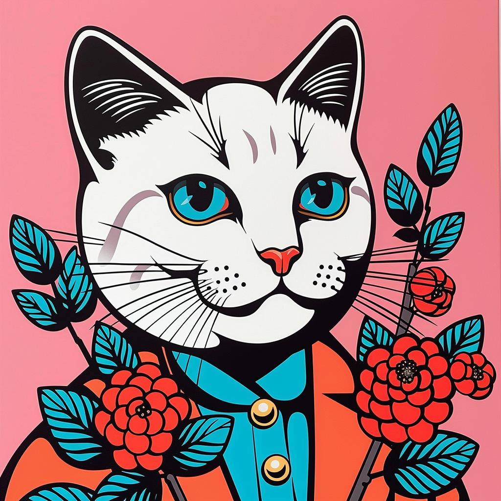 cat  bobsail  roses  pink  background  painting  floral  whimsical  adorable  feline 972143