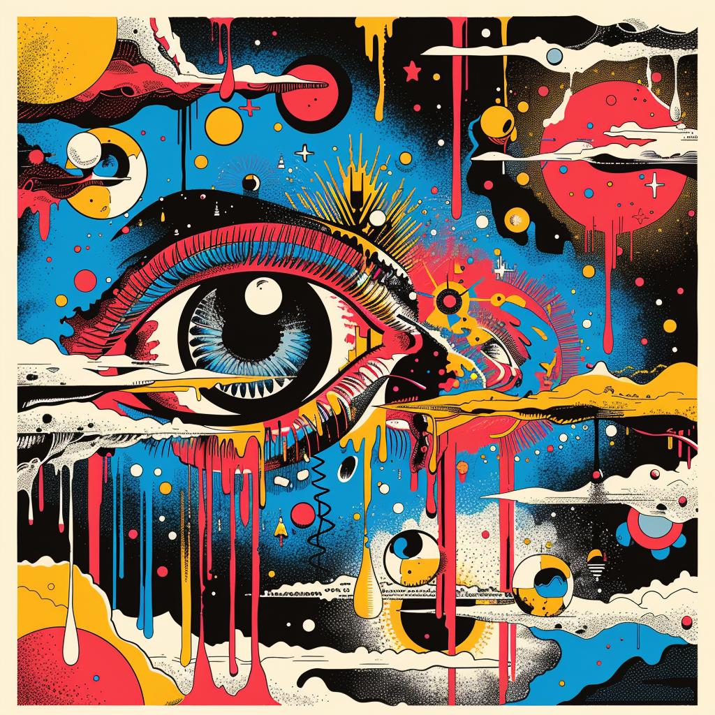 surreal  album  cover  screenprinting  hyper-realistic  eye  colorful  paint  splatter  minimal 960342