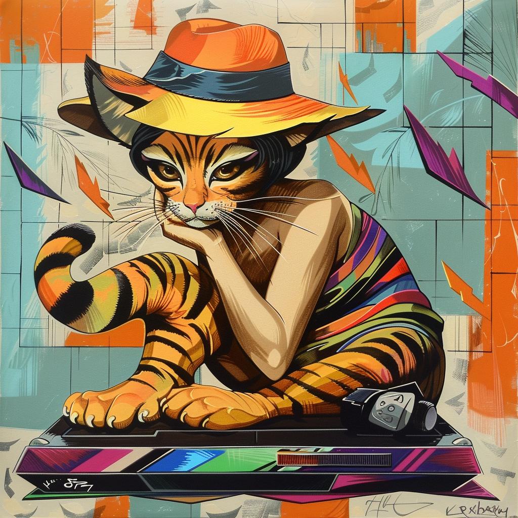 tiger  hat  table  painting  colorful  humorous  Georgy  Kurasov  whimsical  playful 966232