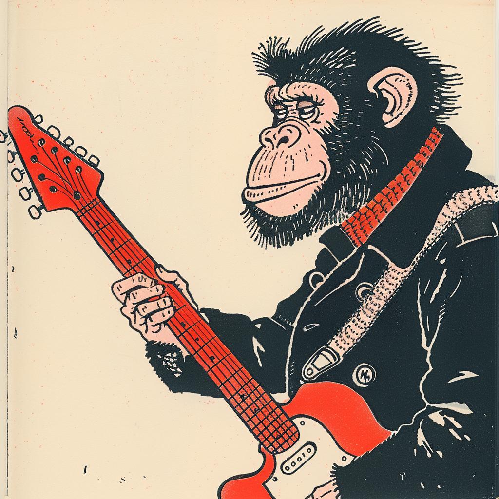 poster  chimp  guitar  red  music  Moebius  playful  art  cartoon  animal 922492