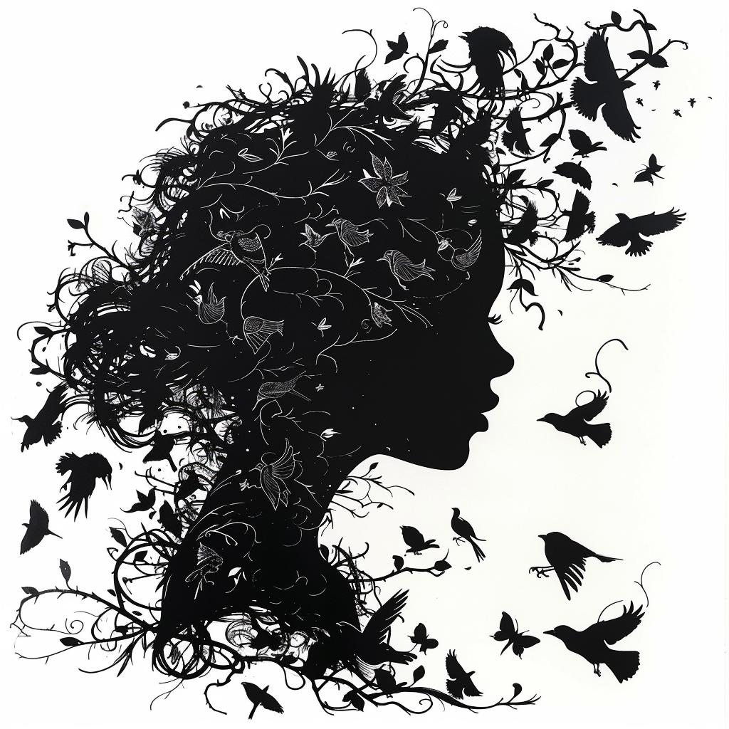 silhouette  goddess  ornate  birds  leaves  detailed  zen  white  background  connected 953972