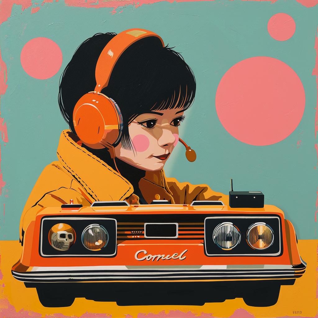 girl  headphones  orange  car  painting  playful  whimsical  colorful  youth  modern 966493