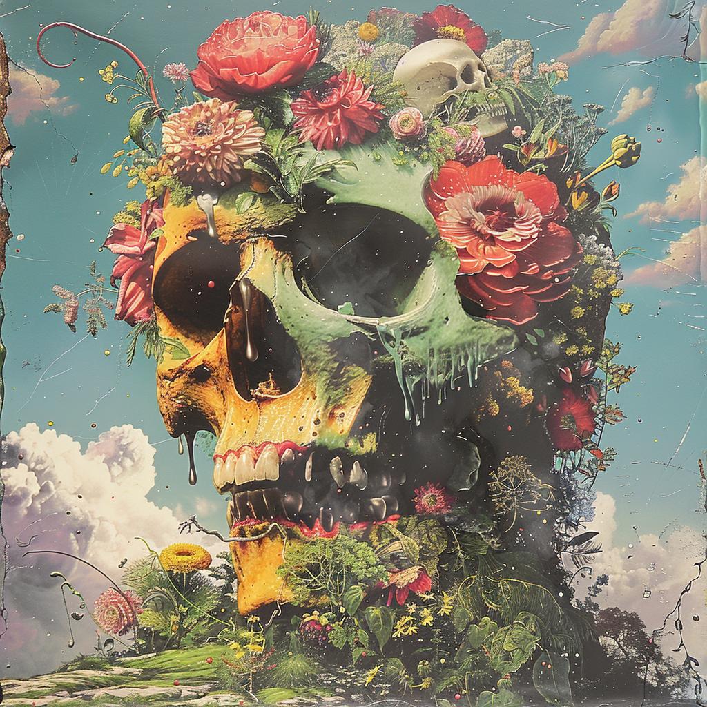 surreal  album  cover  hyper-realistic  screenprinting  skull  flowers  plants  Ron  English 960370
