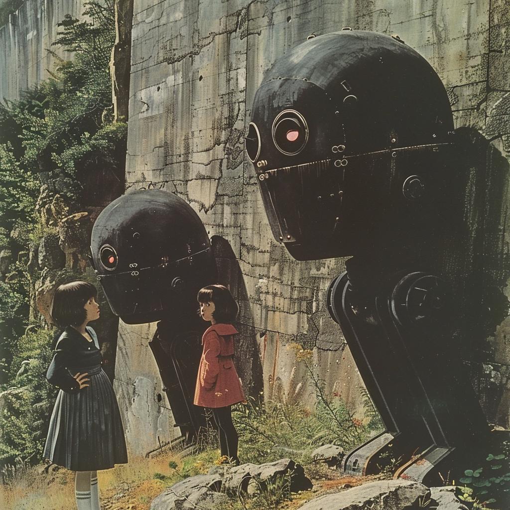 retro  sci-fi  dark  Karel Thole  Studio Ghibli  women  robot  illustration  imaginative  vintage 922239
