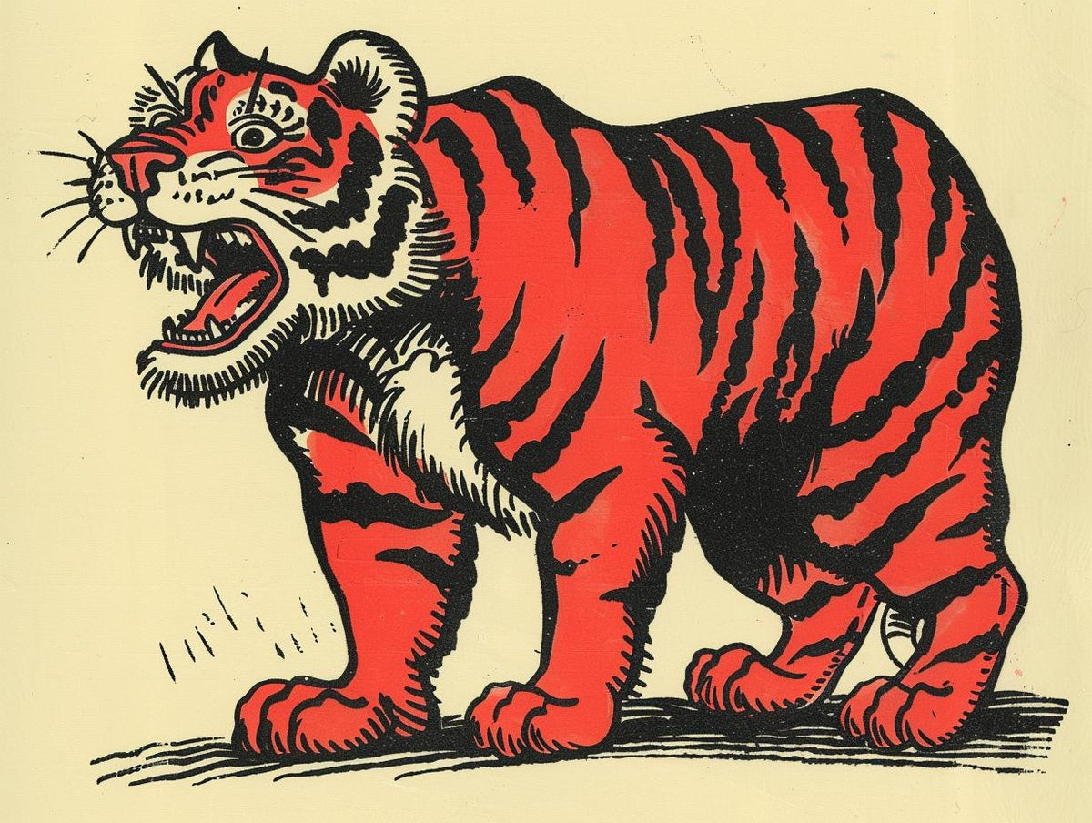 tiger  tattoo  vintage  1950s  red  black  outline  Sailor Jerry  bold  illustration 919229