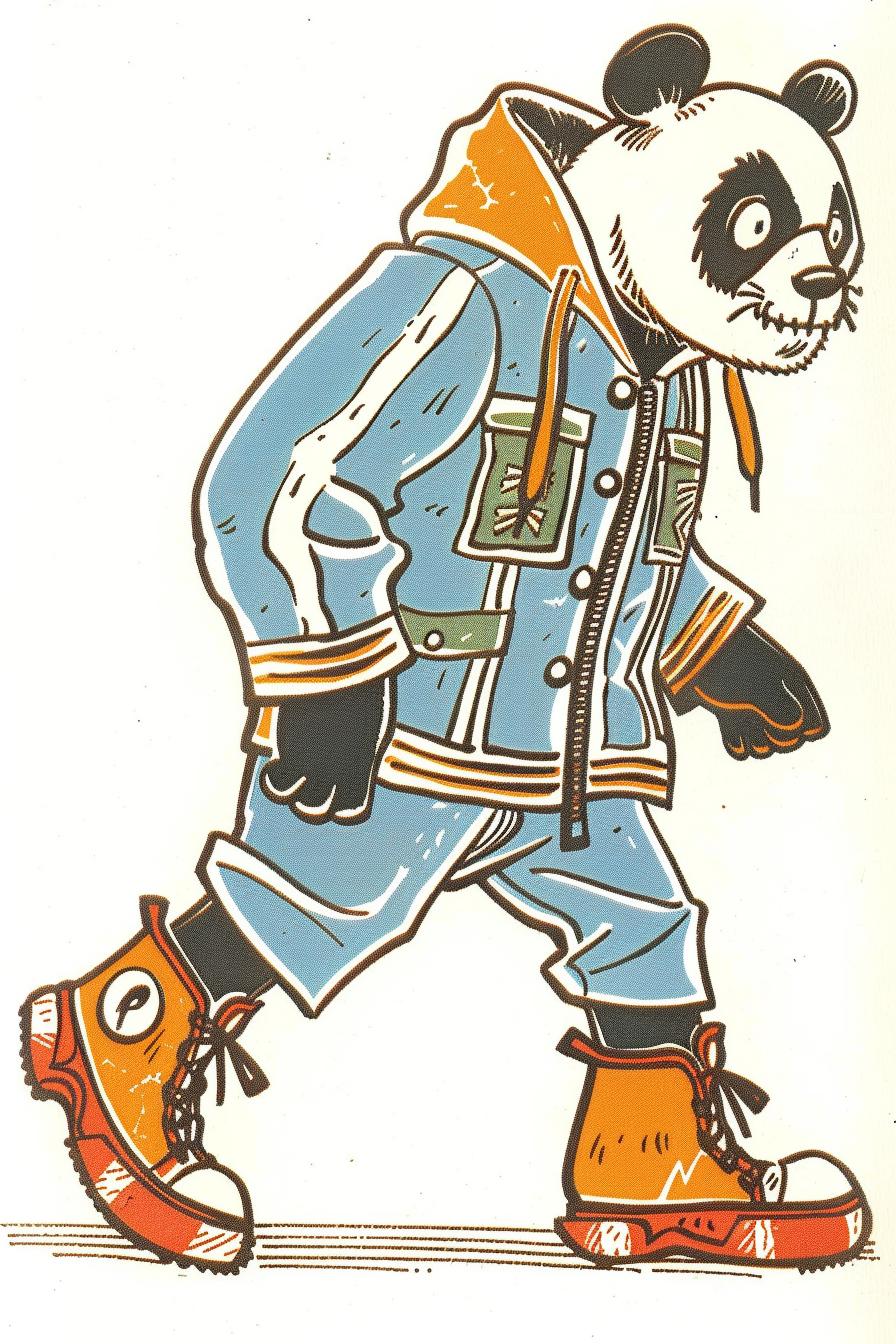 panda  jacket  boots  cartoon  streetwear  dynamic  walking  pose  stylized  fashionable 938813