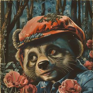 chromolithography  raccoon  red  hat  painting  whimsical  animal  nature  colorful  artwork 1051260