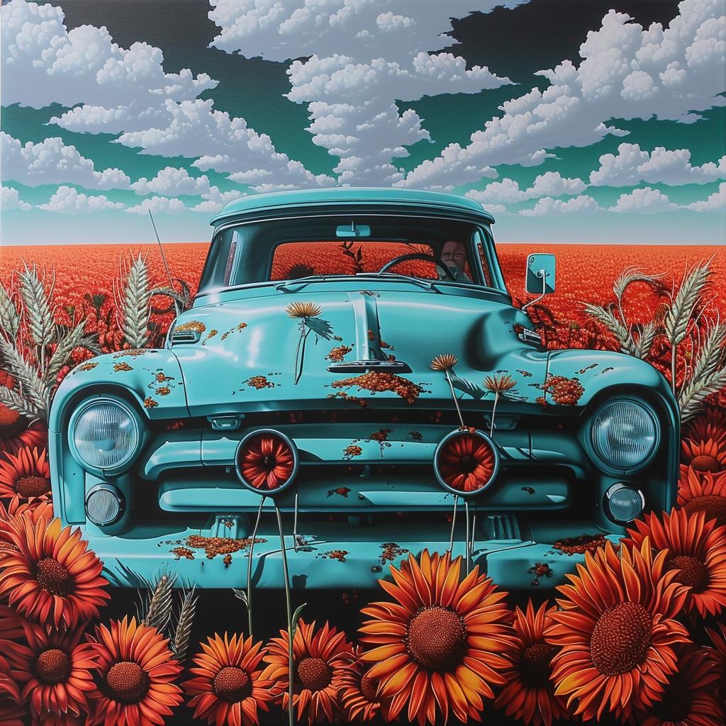 collage  peacock  bioluminescent  marigolds  wheat  field  sunflowers  painting  car  sunflowers 1016813