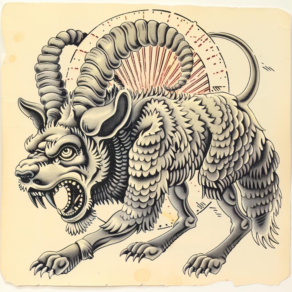 mythical  creature  ram  tattoo  horns  old  style  halftone  illustration  hybrid 934735