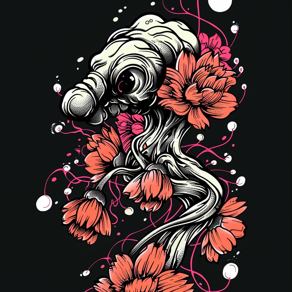 skull  flowers  bubbles  black  background  Japanese  lettering  design  graphic  dark 948080