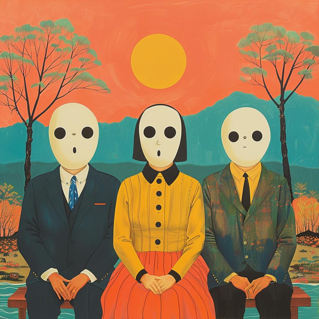 surreal  bench  masks  people  album  cover  Joan  Cornella  creative  art 1017928