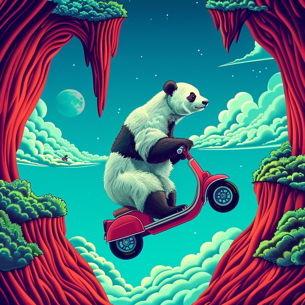 panda  scooter  sky  cute  animal  transportation  playful  colorful  whimsical  dreamy 946901