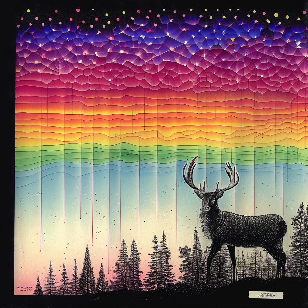 deer  rainbow  sky  psychedelic  silhouette  northern  lights  Kandinsky  detailed  art 916160