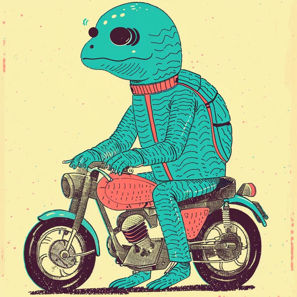 anthropomorphic  turtle  motorcycle  suit  humorous  cartoon  stylized  vibrant  playful  character 941082
