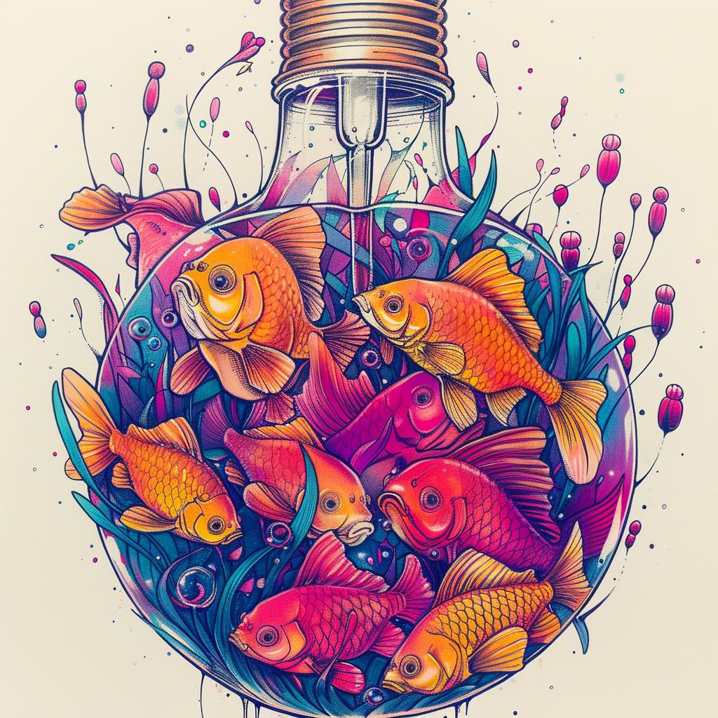 رسم سمكة مصباح كهربائي، عمل فني مفاهيمي مائي فريد وملون، رقم 940504