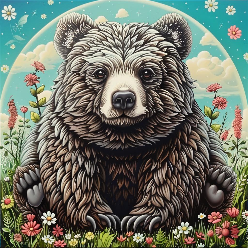 رسم دب كاواي، عشب، خلفية بيضاء كبيرة، حيوان لطيف، رسم توضيحي 1033608