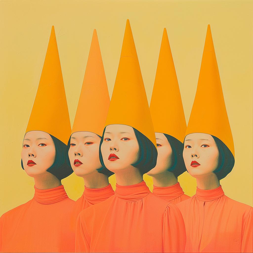 غلاف ألبوم سريالي، نساء من فرقة Coneheads، قبعات برتقالية، تصميم جوان كورنيلا، رقم 1017769
