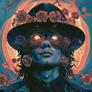 surreal  album  cover  man  hat  roses  Risograph  Symbolist  hyper-realistic  screenprinting 1077620