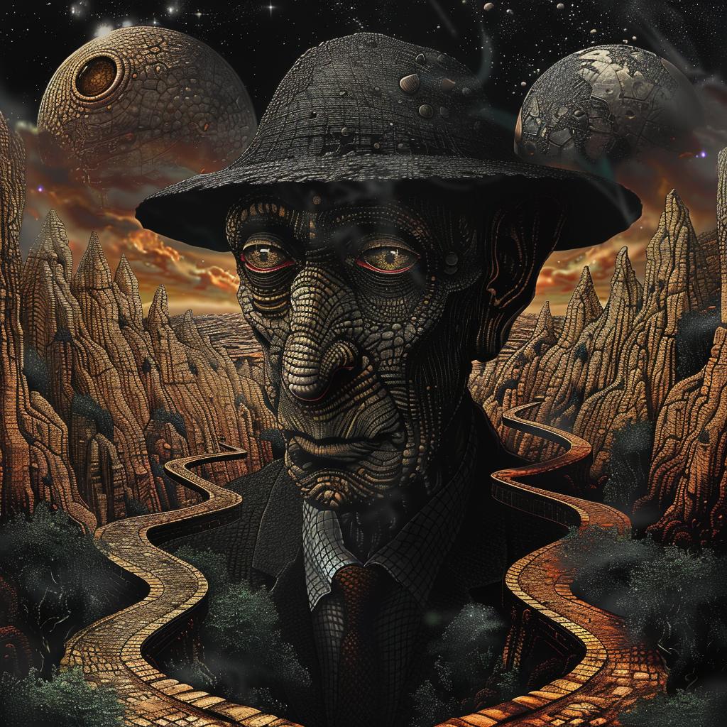 man  hat  suit  planets  stars  cosmic  surreal  vibrant  imagination  dreamlike 1034940