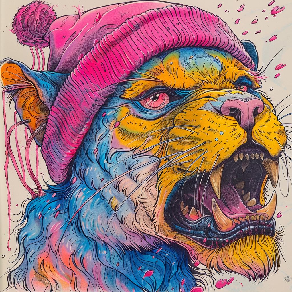 lion  tiger  skullface  cap  vibrant  comic  portrait  1950s  colorful  illustration 921909