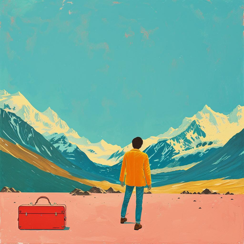 surreal  album  cover  desert  man  suitcase  trip  vibrant  dreamlike  Joan 978571